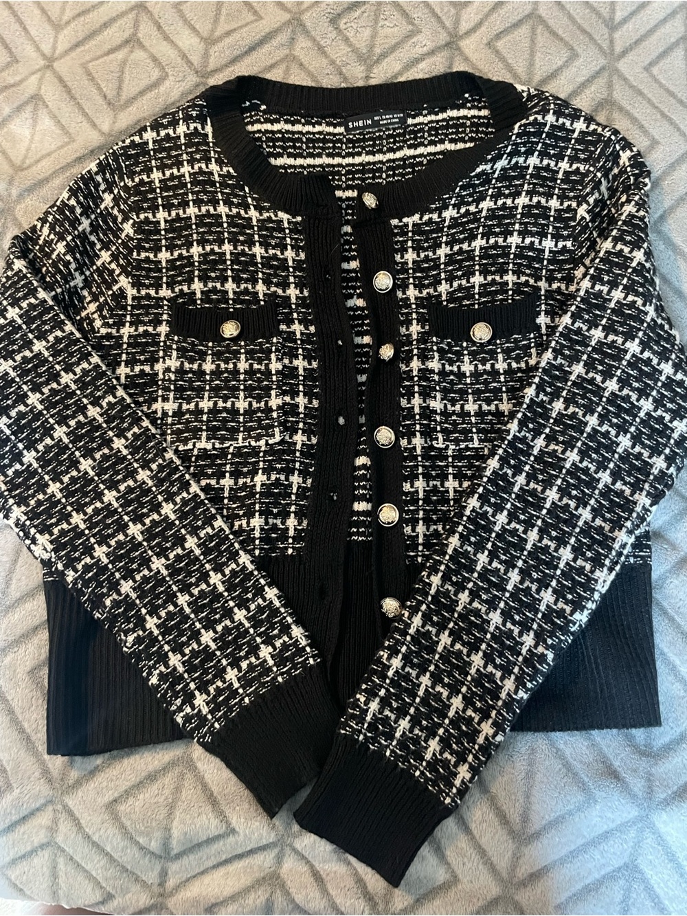 SHEIN Black and White Tweed Button-Up Cardigan
